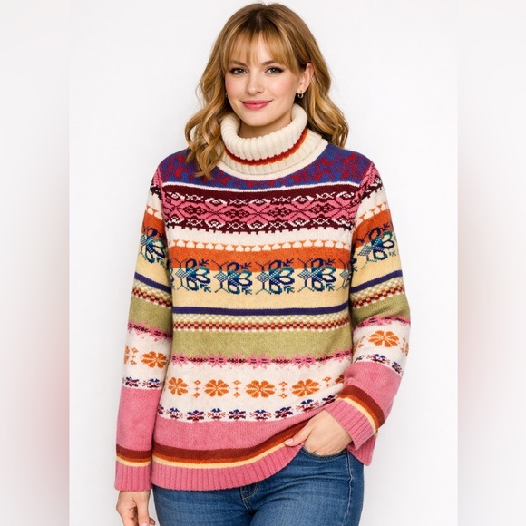 Knit-Set Sweaters - Vintage Colorful Fair Isle Nordic Turtleneck Sweater Multicolor Medium